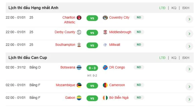 Lịch thi đấu được KQBD 24H cập nhật theo giờ Việt Nam